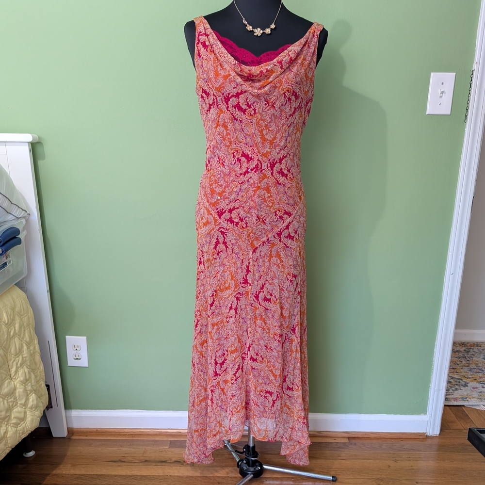 Ice Vintage Y2K Beaded Paisley Cowl Neck Silk Dress